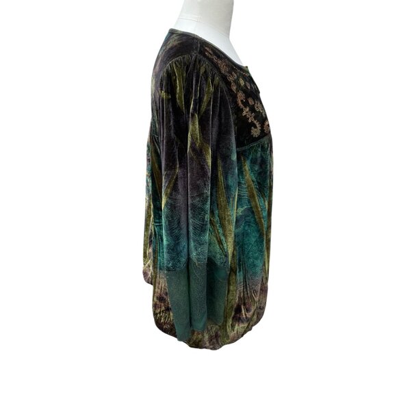 Velvet Embroidered Mesh Babydoll Top Green Artsy Whimsigoth Dark Fairy Grunge-1X - Picture 11 of 16